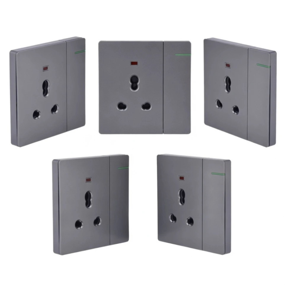 3 Pin 6Amp+16Amp Switched Wall Socket With Indicator And Big Switch - Grey 