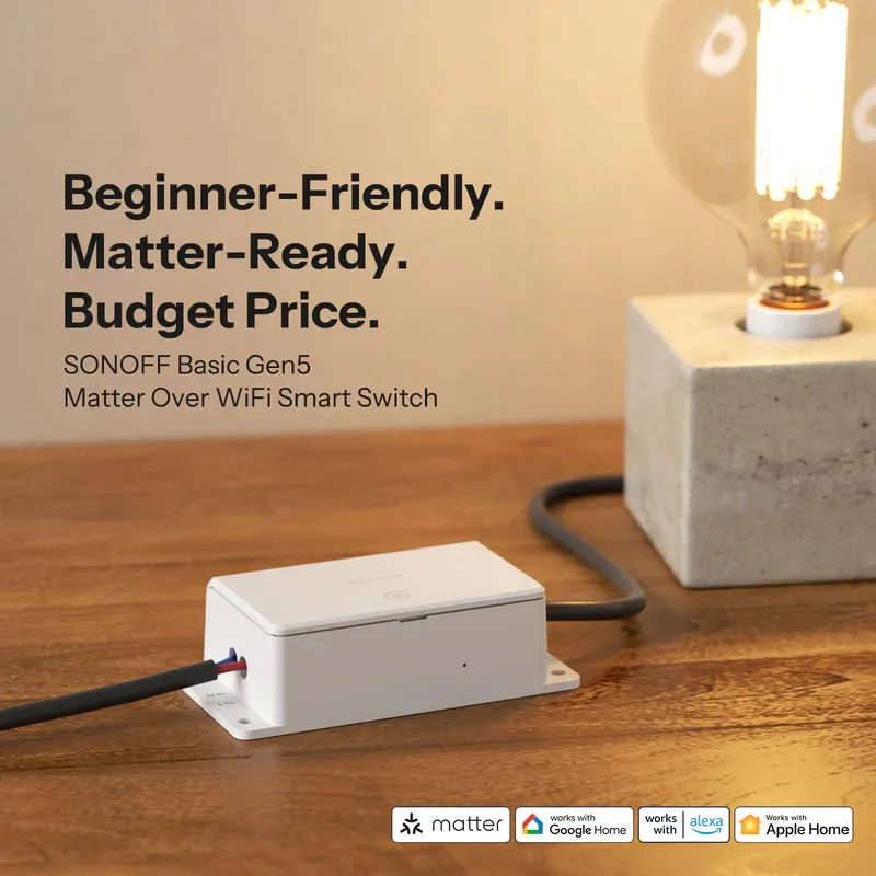 SONOFF Basic Gen5 Matter Over WiFi Smart Switch BASIC-1GS Matter Protocol Large Touch Surface Reliable Work with Apple Ecosystem Alexa Google Home - White