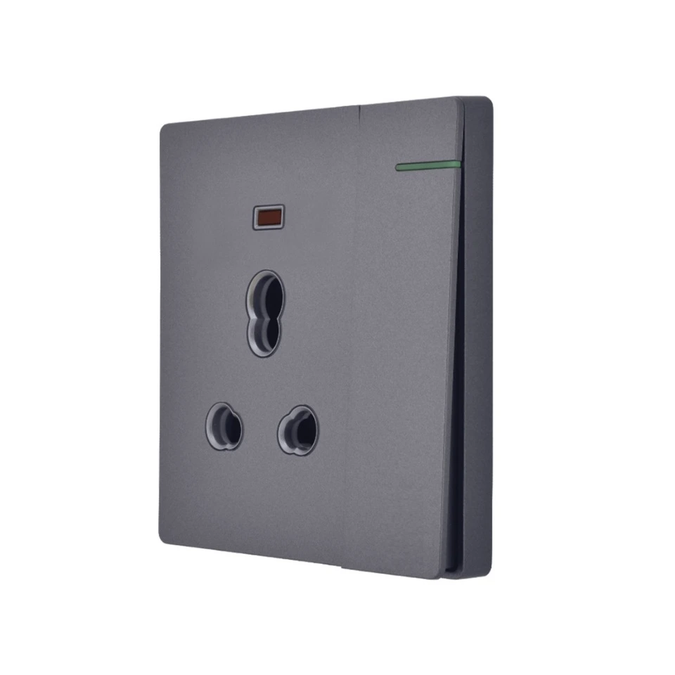 3 Pin 6Amp+16Amp Switched Wall Socket With Indicator And Big Switch - Grey