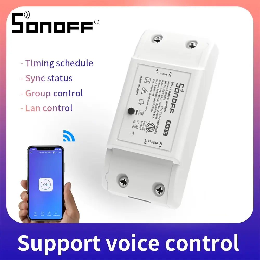 Sonoff BASICR2 Wifi DIY Smart Switch Remote Controller Timer Light Switch Module 10A for Smart Home Automation Wireless APP Control Work With Alexa Google Home