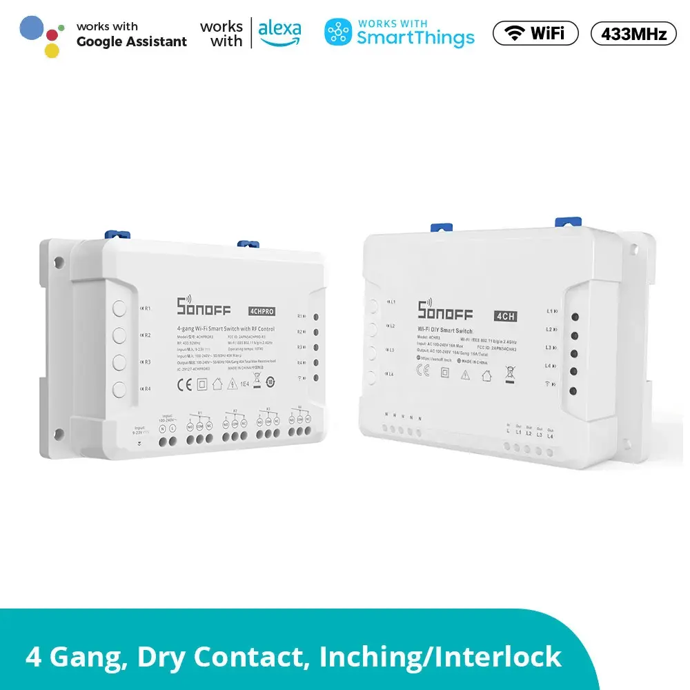 [M0802010003] SONOFF 4CHR3-230V 10A 2200W 4 Gang WiFi Smart Switch Inching/Self-Locking/Interlock 3 Working Mode APP Remote Control Switch Works with Alexa and Google Home