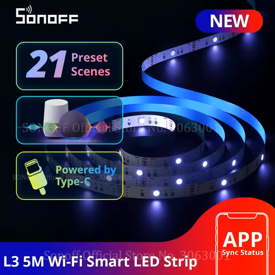 SONOFF L3 WiFi RGB Smart LED Strip Lights 5M/16.4Ft IP20 - Music Sync, Alexa Google Home, APP Control Flexible Color Changing Light Strip