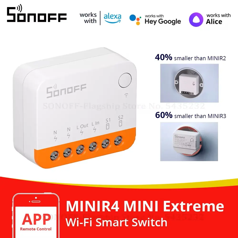 SONOFF MINIR4 Smart DIY Switch, WiFi 2-Way Control, Mini Extreme Relay for Smart Home, Compatible with R5, S-MATE, Voice, for Alexa, Alice, and Google Home