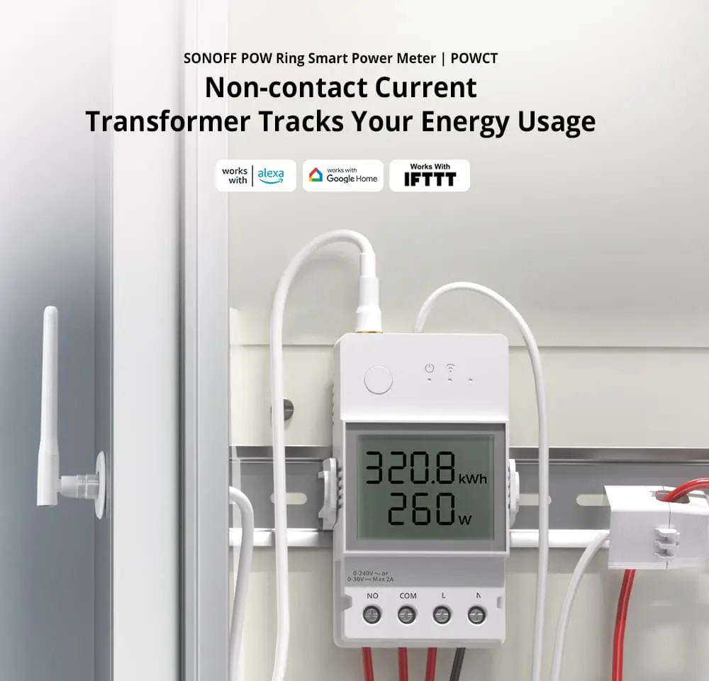 SONOFF POWCT Smart Power Meter Wi-Fi 100V-240V 24000W Real-Time Energy Solar Panel Monitoring Non-Contact Current Transformer for Factory Office Warehouse