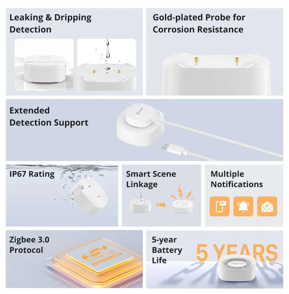 SONOFF SNZB-05P Smart Zigbee3.0 Water Leak Sensor with Detection Cable IP67 Waterproof Smart Scene Linkage Alarms Works with Alexa Google Home 5+Years battery life
