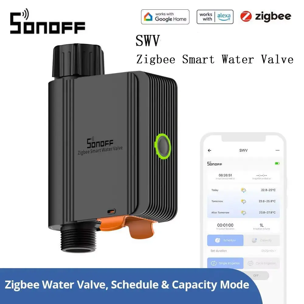SONOFF SWV-BSP Zigbee3.0 Smart Water Valve Smart Timing Irrigation Switch Track 6-month Historical Data Support Open-source Platforms Voice Control with Alexa Google Home