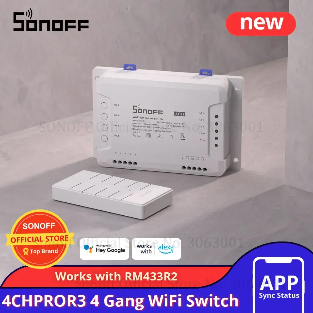 SONOFF  4CHPROR3 Wifi Switch 4 Gang Smart Switch APP Self-locking / Inching Relay DC 9-23V /AC 100-240V Remote Wireless Switch Smart HomeWorks with Alexa Google Home
