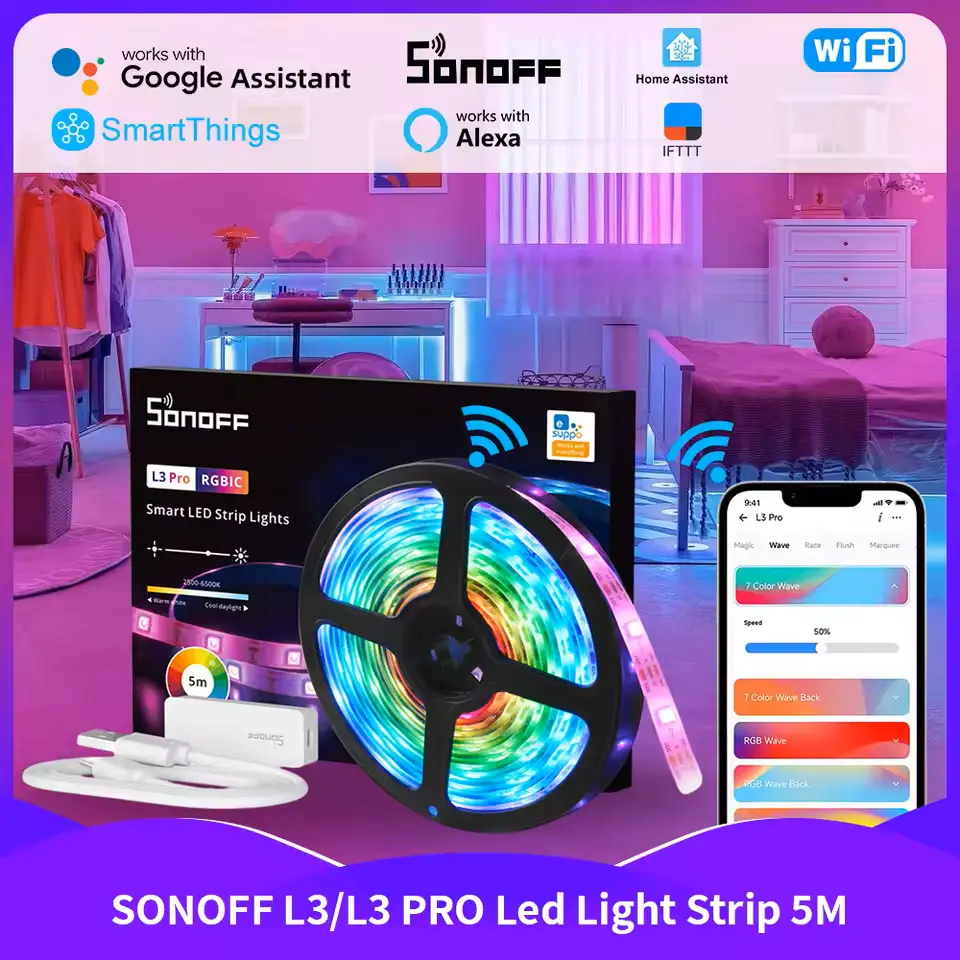SONOFF L3 Pro RGBIC Smart LED Strip Lights-5M/16.4Ft with IP54 Protected Rating
