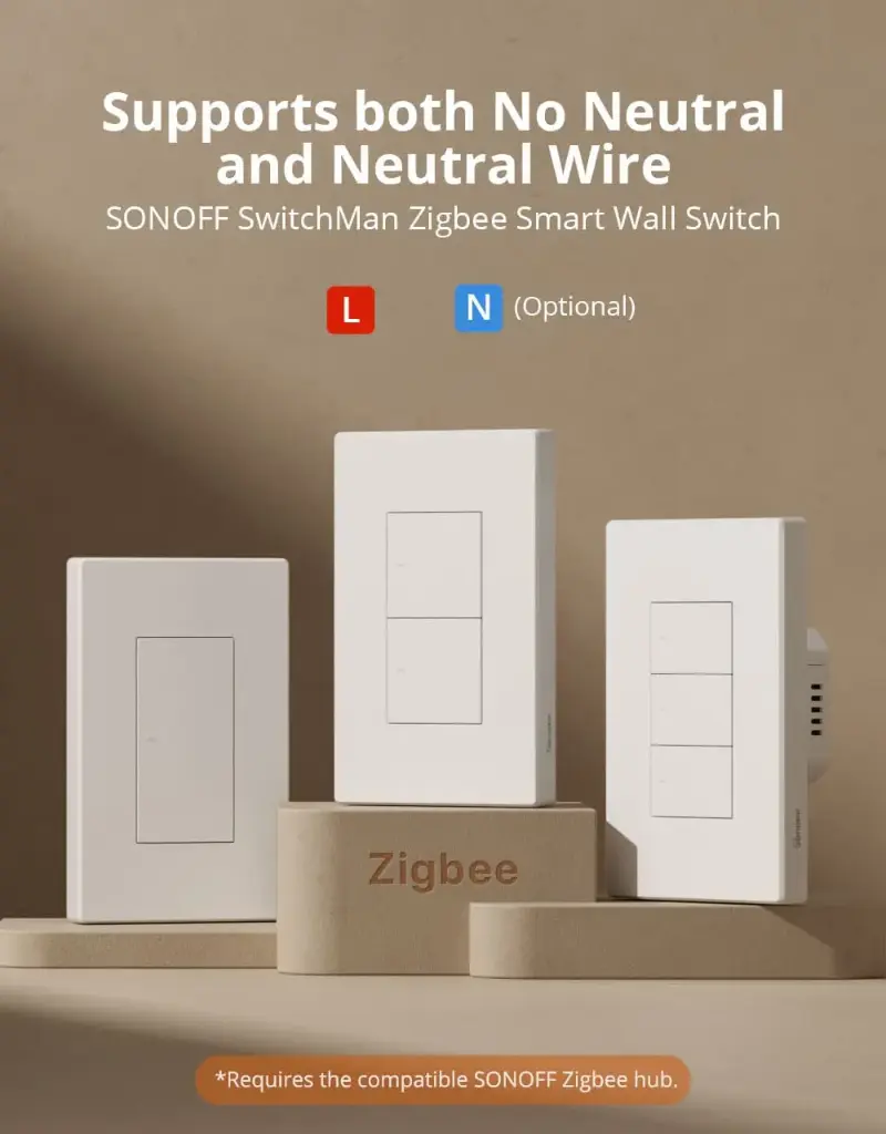 [6920075742978] SONOFF ZBM5-1C-120WType Zigbee Smart Wall Switch Supports No Neutral and Neutral Wire Detach Relay Mode Works with Home Assistant