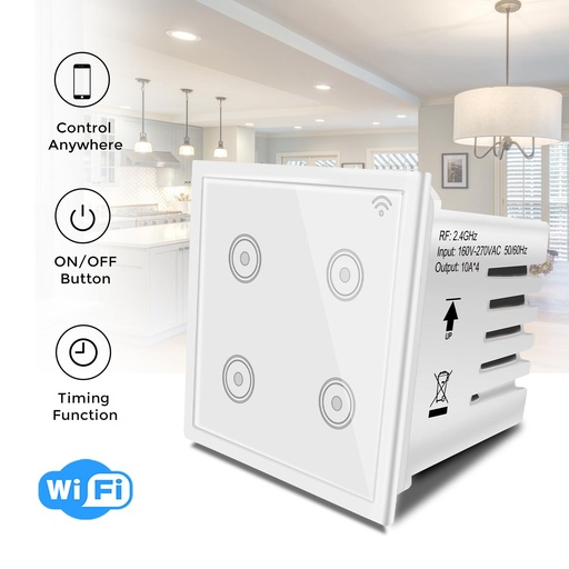 [WF540W10A] Smart Wifi White wall touch Modular switch with Smart Home edge 4 Gang works with Alexa IFTTT,Google