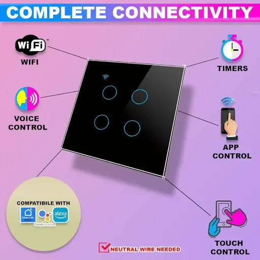 [WF540B10A] Smart Wifi Black wall touch Retrofit for Anchor Roma Modular switch with Smart Home edge 4 Gang works with Alexa IFTTT,Google