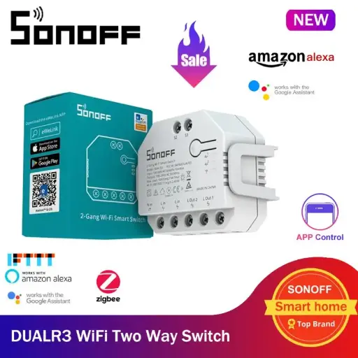 [6920075775402] Sonoff DualR3 Retro-fit WiFi 2 Node Power Metering Smart Switch Module for Home Automation | Remote App Control Switch | No Hub Required | Compatible with Alexa and Google Home