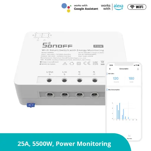 [6920075776768] SONOFF POWR3 High Power Smart Switch for AC, Geyser, Motor,Compatible with Alexa and Google Home
